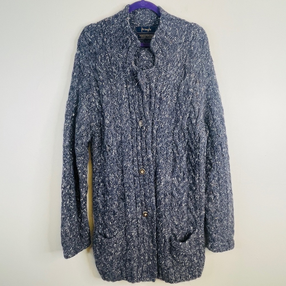 Vintage Pringle Of Scotland Wool Alpaca Chunky Sweater Womens Large Coatigan